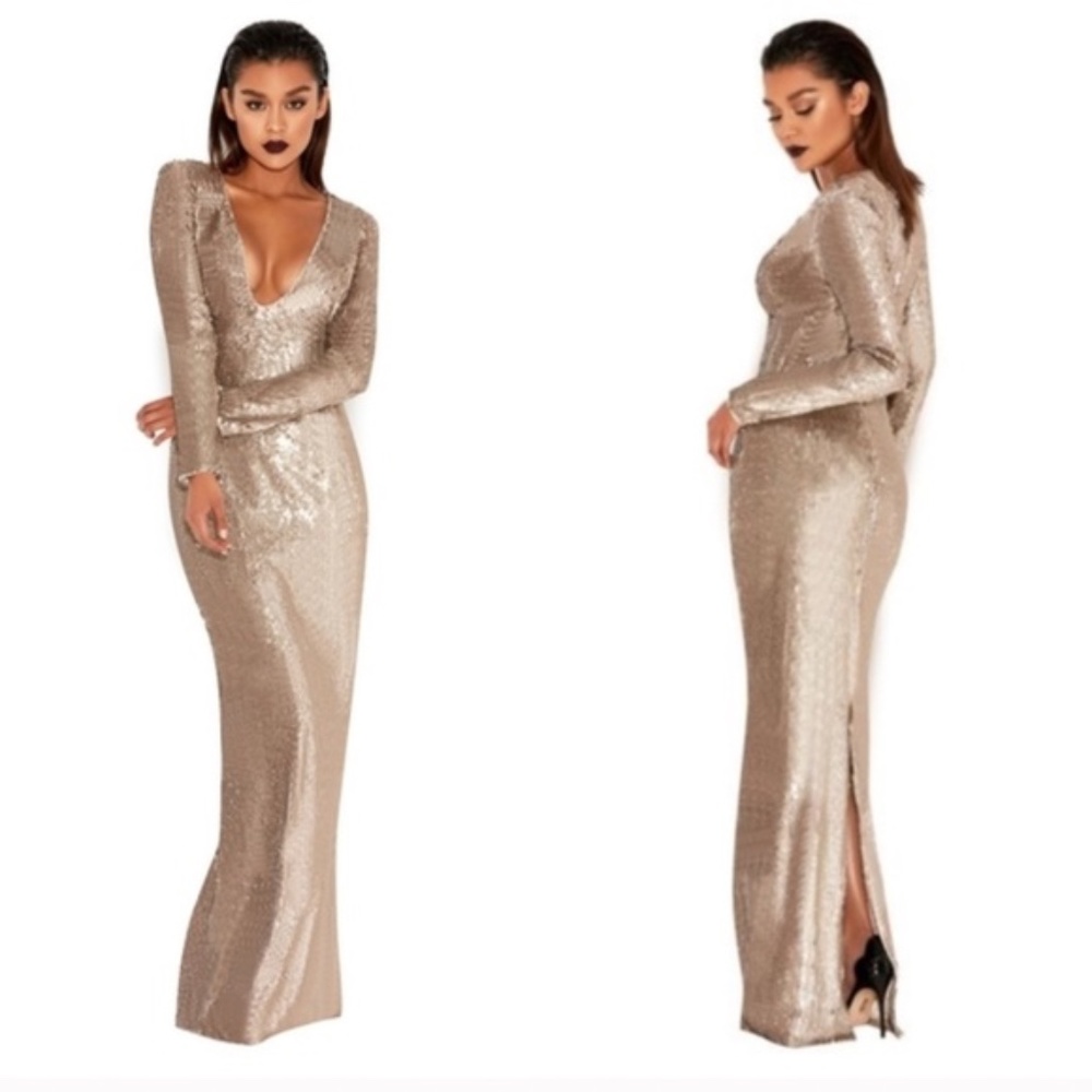 MARREO' Gold Sequinned Plunge Neck Maxi Gown